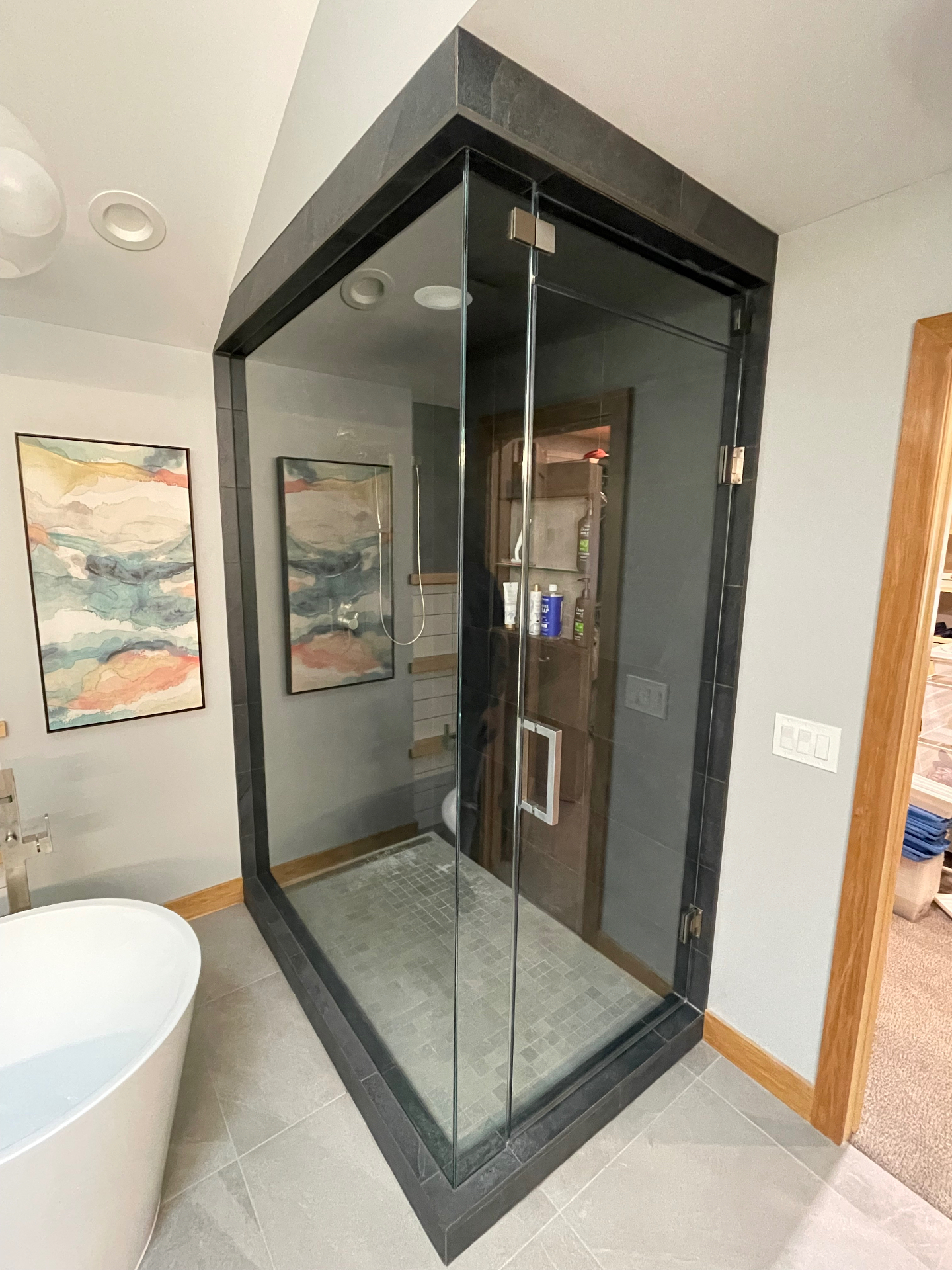 Full-height frameless shower enclosure with a swing door and dark stone tile surround next to a freestanding tub